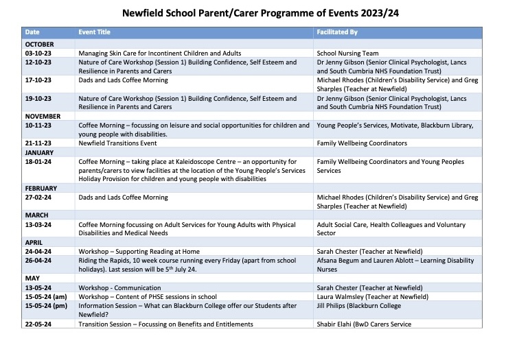 Newfield School Parent Events Programme